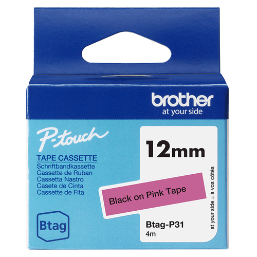 Brother BTAG-P31 – Ruban adhésif noir sur rose, 12 mm de large, non laminé