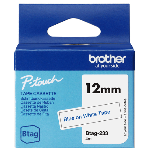 Brother BTAG-233 - Ruban adhésif bleu sur blanc, 12 mm de large, non laminé