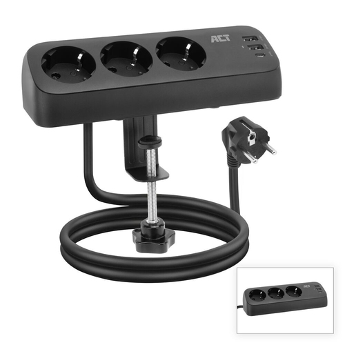 ACT Desk power strip with 3 type F sockets, 30W Power Delivery, USB Type-C/A ports, cable length 1.5 meters