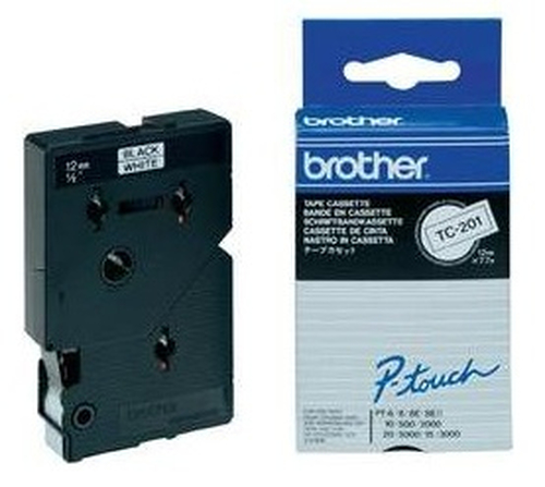 Brother Gloss Laminated Labelling Tape - 12mm, Black/White, 10-pk label-making tape TC