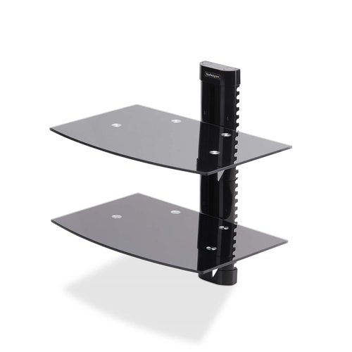 StarTech.com Double Étagère AV Murale Flottante, Support à Hauteur Ajustable pour Sous Télévision, Support Mural pour TV, Organiser l'Équipement A/V sur l'Étagère en Verre Trempé Noir