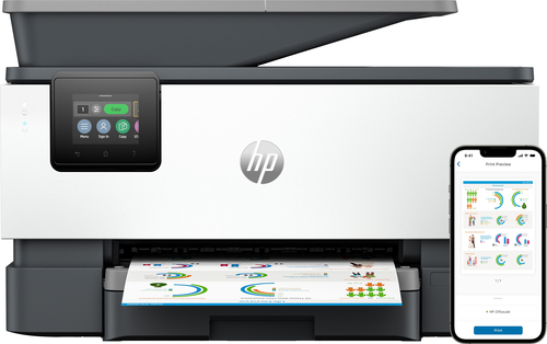 HP OfficeJet Pro 9120b All-in-One Printer, Color, Printer for Home and home office, Print, copy, scan, fax, Wireless; Two-sided printing; Two-sided scanning; Scan to email; Scan to pdf; Fax; Front USB flash drive port; Touchscreen; Print from phone or tablet; Automatic document feeder