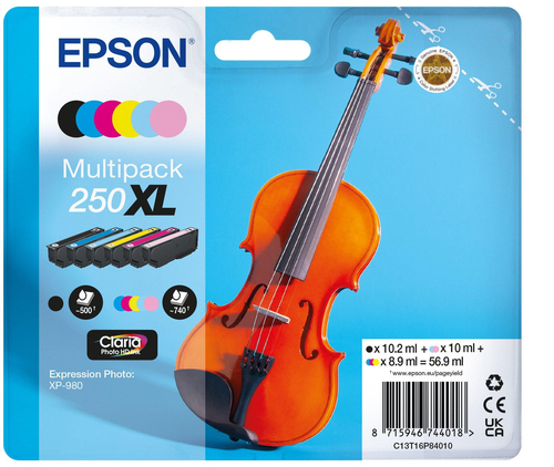 Epson 250XL Violin Claria Photo HD inktcartridge 6 stuk(s) Origineel Hoog (XL) rendement Zwart, Cyaan, Lichtyaan, Lichtmagenta, Magenta, Geel
