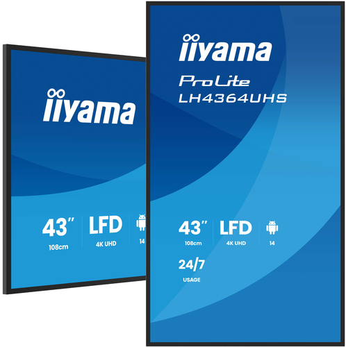 iiyama LH4364UHS-B1AG Signage Display Digital signage flat panel 109.2 cm (43") LED Wi-Fi 500 cd/m² 4K Ultra HD Black Built-in processor Android 24/7