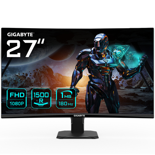 GIGABYTE GS27FC 27" FHD Curved Gaming Monitor - 1920 x 1080, 1500R, 180Hz, 1 ms, 250 cd/m², FreeSync Premium, HDR Ready, HDMI 2.0, Displayport 1.4