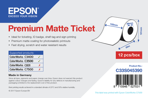 Epson Rouleau d'étiquettes Premium Matte 102mm x 50mm pour TM-C3400