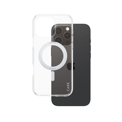 PanzerGlass CARE™ by ® Case Transparent w. Silver Kickstand & MagSafe iPhone 16 Pro Max mobiele telefoon behuizingen Hoes Transparant